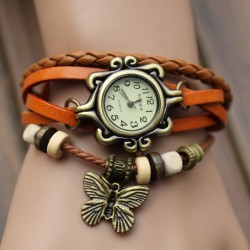 Reloj de Pulsera - Estilo Vintage - Correa 100% cuero - Pendiente Mariposa