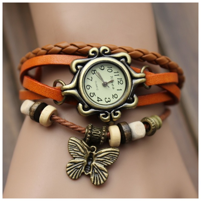 Reloj de Pulsera - Estilo Vintage - Correa 100% cuero - Pendiente Mariposa  - La Tienda del Masón